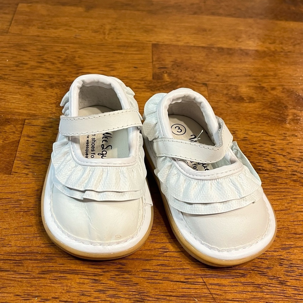 Wee squeaks 
White Ruffle Mary Jane Kids Shoes